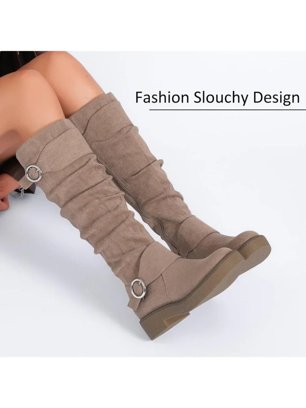 Women's Beige Platform Slouchy Side Zipper Comfort Round Toe Knee High Boots